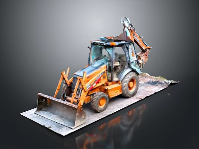 Orange Backhoe Loader Utility Vehicle With Front Bucket And Rear Excavator Arm 3d model