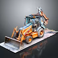 Orange Backhoe Loader Utility Vehicle With Front Bucket And Rear Excavator Arm
