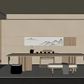 Modern Japanese Tea Room Interior Design With Wooden Long Table Tea Sets And Landscape Painting