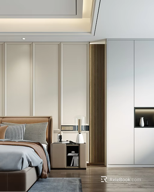 Modern Bedroom Design With Beige Walls Brown Headboard White Wardrobe Nightstand Table Lamp And Vase 3d model 