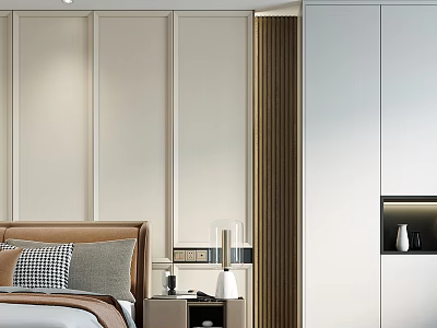 Modern Bedroom Design With Beige Walls Brown Headboard White Wardrobe Nightstand Table Lamp And Vase 3d model