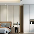 Modern Bedroom Design With Beige Walls Brown Headboard White Wardrobe Nightstand Table Lamp And Vase