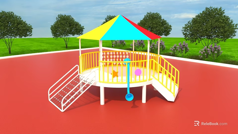 Outdoor Playground Equipment Featuring Colorful Canopy Yellow Railings White Stairs Red Floor and Green Grass 3d model 