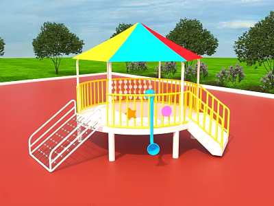 Outdoor Playground Equipment Featuring Colorful Canopy Yellow Railings White Stairs Red Floor and Green Grass 3d model