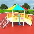 Outdoor Playground Equipment Featuring Colorful Canopy Yellow Railings White Stairs Red Floor and Green Grass
