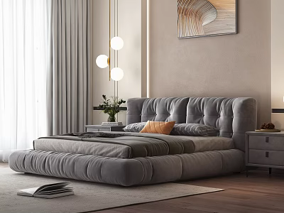 Modern Gray Upholstered Double Bed In Bedroom With Pendant Lights And Decorative Painting 3d model