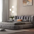 Modern Gray Upholstered Double Bed In Bedroom With Pendant Lights And Decorative Painting