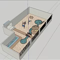Outdoor Children Playground With Sand Area Blue Water Channels And Green Trees