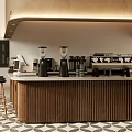 Modern Café Interior With Wooden Counter Marble Top Coffee Machines Bar Stools And Geometric Tiles