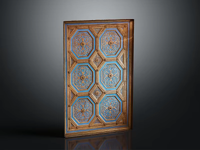 Decorative Panel With Blue Hexagonal Patterns Gold Ornamental Details And Wooden Frame 3d model