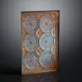 Decorative Panel With Blue Hexagonal Patterns Gold Ornamental Details And Wooden Frame