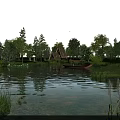 Beautiful Tranquil Lakeside Natural Scenery With Wooden Boat Thatched House And Lush Green Trees
