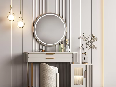 Elegant Modern Dressing Table Setup With Round Mirror Pendant Lights Decorative Vase And Chair 3d model
