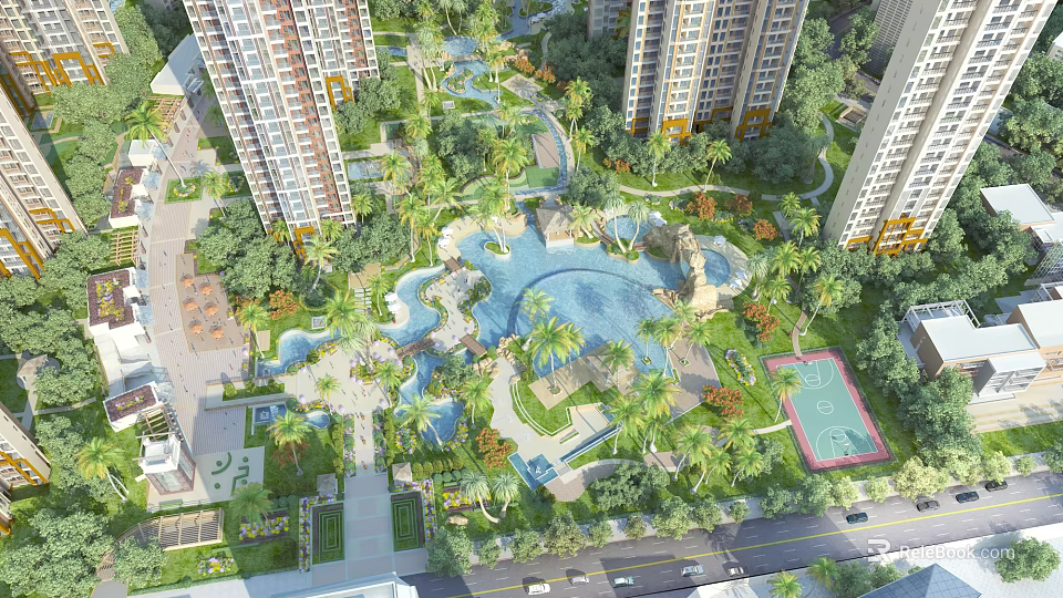 Residential Garden Landscape With High Rise Buildings Swimming Pools Palm Trees Basketball Court And Walkways 3d model 