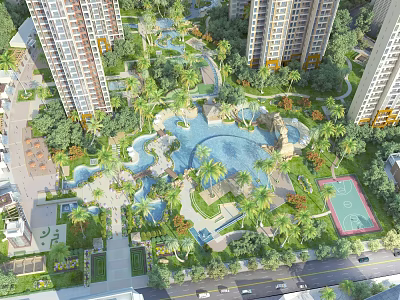 Residential Garden Landscape With High Rise Buildings Swimming Pools Palm Trees Basketball Court And Walkways 3d model