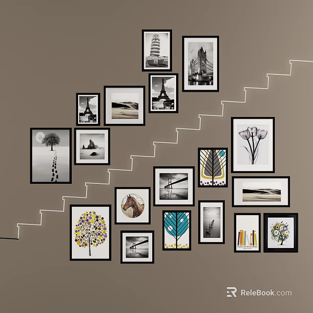 Landscape Paintings in Picture Frames on Staircase Wall Black White and Color Themes 3d model 