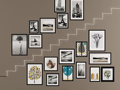 Landscape Paintings in Picture Frames on Staircase Wall Black White and Color Themes 3d model