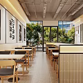 Modern Restaurant Interior With Wooden Walls Menu Posters Counter Dining Tables And Chairs