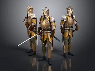 Game Movie Character Wearing Gold and Brown Armor Holding Weapons in Three Standing Poses 3d model