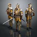 Game Movie Character Wearing Gold and Brown Armor Holding Weapons in Three Standing Poses