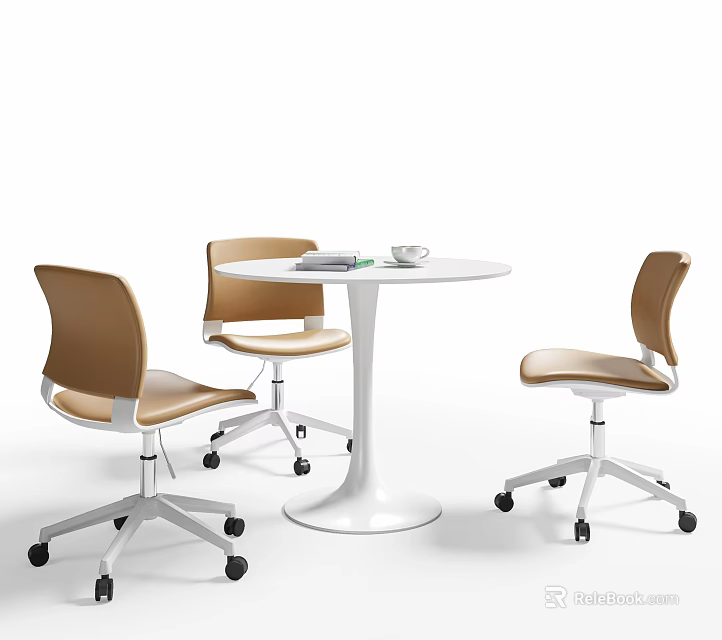 Modern Table and Chair Set with White Round Table and Brown Rolling Chairs for Contemporary Space 3d model 