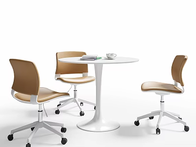 Modern Table and Chair Set with White Round Table and Brown Rolling Chairs for Contemporary Space 3d model