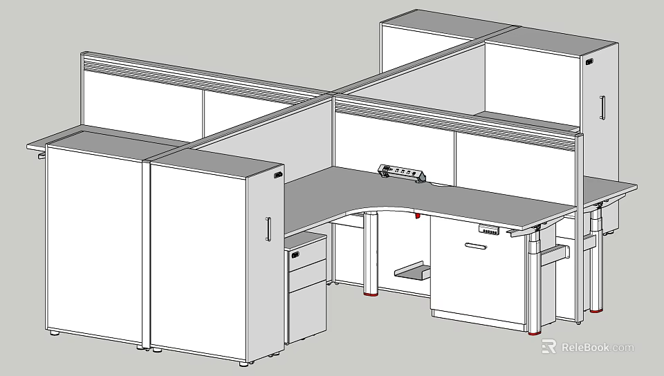 Modular Office Desks Layout With Partition Panels Storage Cabinets And Drawers 3d model 