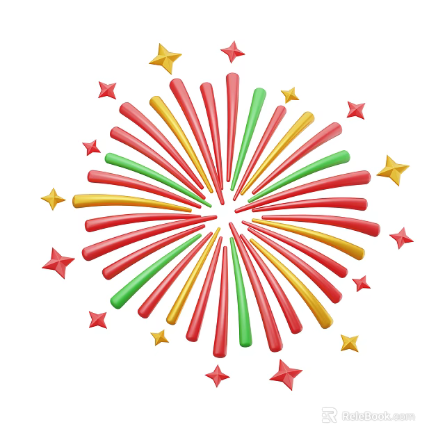 Firework Shaped Ornament Decoration Set with Red Yellow Green Strips and Stars 3d model 