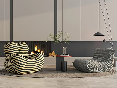 Modern Living Room With Striped Bean Bag Chairs Fireplace Small Table And Green Plant 3d model