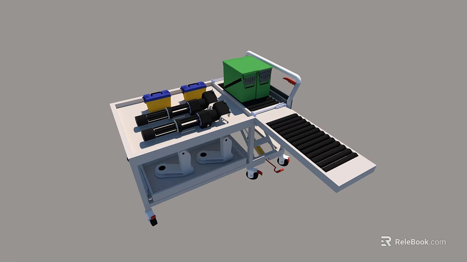 Mobile Industrial Equipment With White Platform Conveyor Belt Green Box And Black Cylindrical Components 3d model 