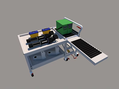 Mobile Industrial Equipment With White Platform Conveyor Belt Green Box And Black Cylindrical Components 3d model