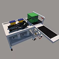 Mobile Industrial Equipment With White Platform Conveyor Belt Green Box And Black Cylindrical Components