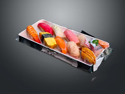 Assorted Fresh Sushi Platter With Colorful Salmon Tuna And Crab Pieces On White Plate 3d model