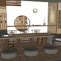 Modern Open Tea Room With Wooden Lattice Doors Round Window Marble Floor And Bookshelves
