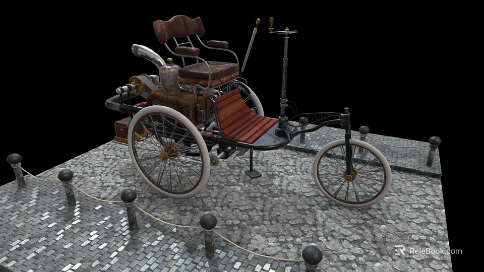 Vintage Tricycle With Wooden Seat Metal Frame And Large Wheels On Stone Pavement 3d model 