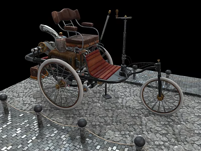 Vintage Tricycle With Wooden Seat Metal Frame And Large Wheels On Stone Pavement 3d model