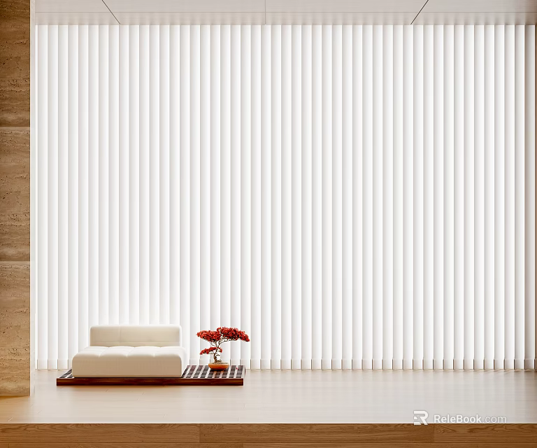 White Vertical Blinds in Bright Room Interior with Sofa and Flower Decor 3d model 