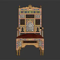 Ornate Traditional Chair with Intricate Carvings Red Cushion Golden Decorations and Colorful Inlays