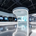 Innovative Tech Exhibition Hall Featuring Circular Stand Globe Digital Screens Data Charts Reflective Floor And Metallic Lights