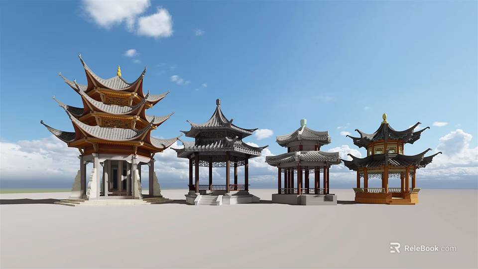 Various Traditional Chinese Pavilions With Unique Rooftop Designs Under Clear Blue Sky 3d model 