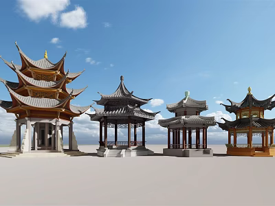 Various Traditional Chinese Pavilions With Unique Rooftop Designs Under Clear Blue Sky 3d model