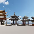 Various Traditional Chinese Pavilions With Unique Rooftop Designs Under Clear Blue Sky