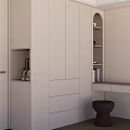 Modern White Built in Wardrobe With Open Shelves Countertop And Stool Lighting