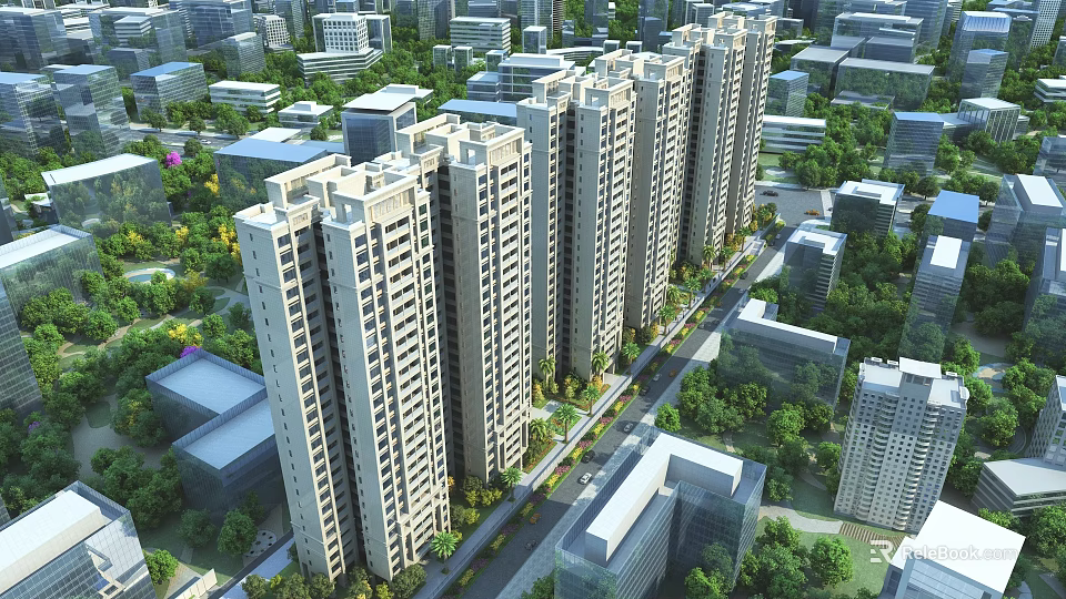 Aerial View Planning of High Rise Residential Complex With Green Spaces And Urban Roads 3d model 
