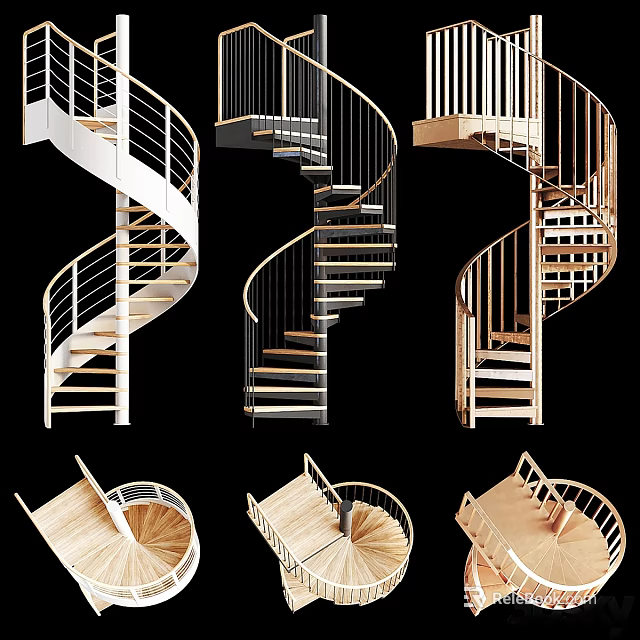 Various Modern Spiral Staircase Designs With Wooden Steps And Metal Railings 3d model 