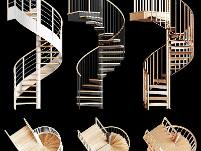 Various Modern Spiral Staircase Designs With Wooden Steps And Metal Railings 3d model
