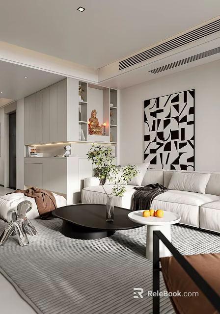 Modern Dining Living Room With White Sofa Black Coffee Table And Geometric Wall Art 3d model 
