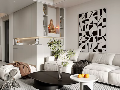 Modern Dining Living Room With White Sofa Black Coffee Table And Geometric Wall Art 3d model