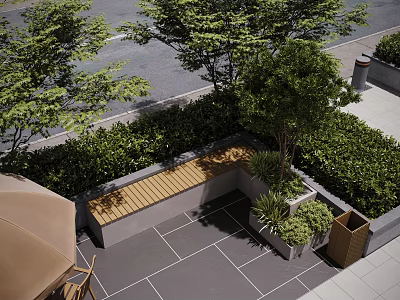 Outdoor Landscape Seating With Wooden Bench In Paved Area Surrounded By Trees And Bushes 3d model