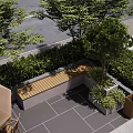 Outdoor Landscape Seating With Wooden Bench In Paved Area Surrounded By Trees And Bushes